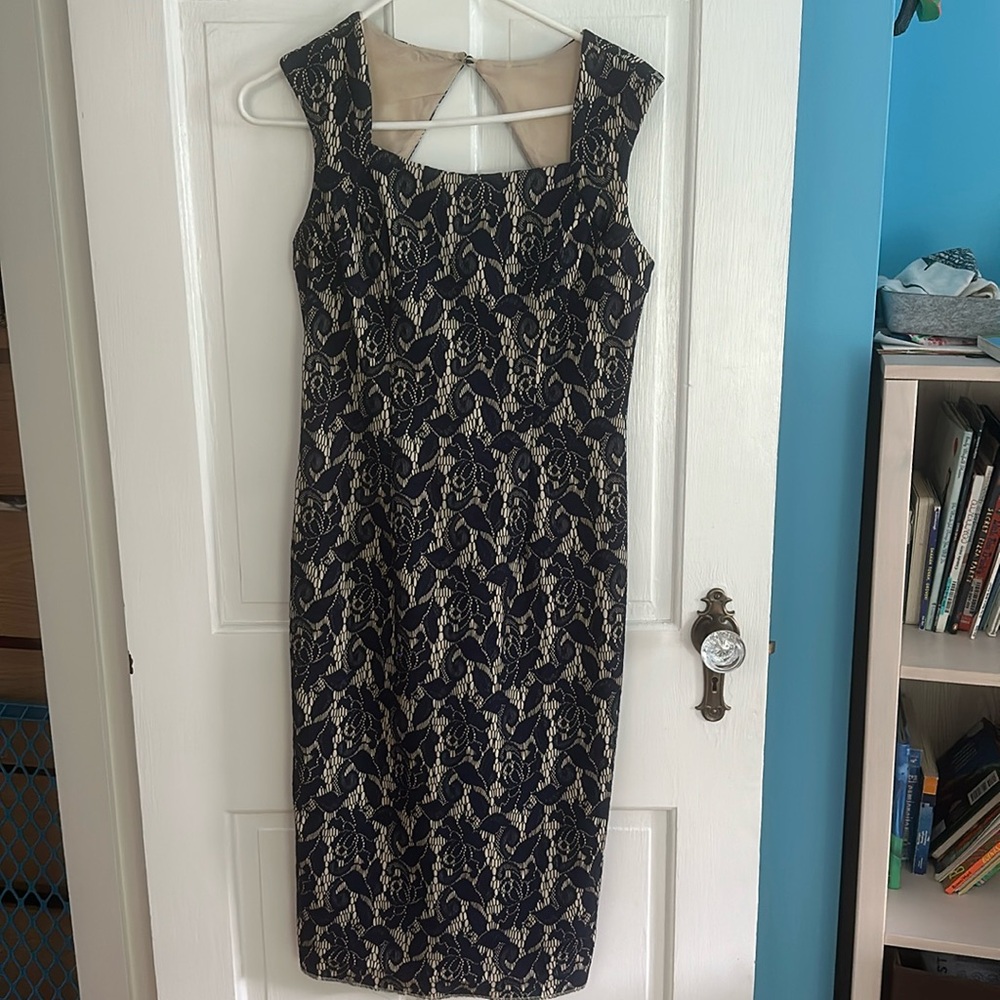 Long Tall Sally Blue and cream colored formal dress